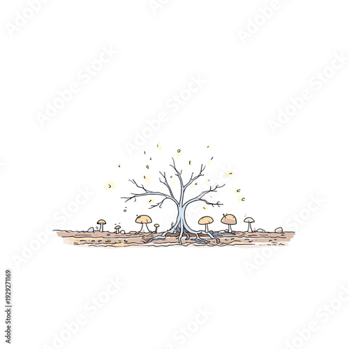 Underground Mycelium Network Connecting Forest Mushrooms