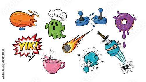 Whimsical Cartoon Elements: A collection of quirky and colorful cartoon elements, perfect for adding a touch of fun and creativity to any project. These playful illustrations, including a blimp.