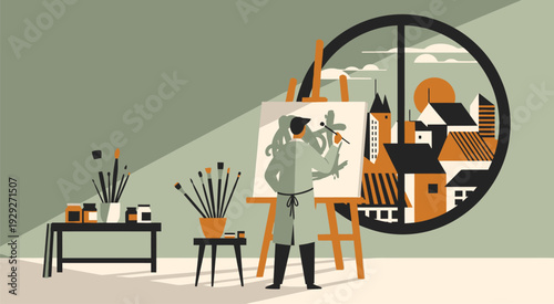 Artist painting on canvas in art studio with window view