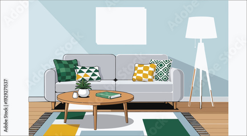 Modern living room interior with grey sofa, coffee table and green plants