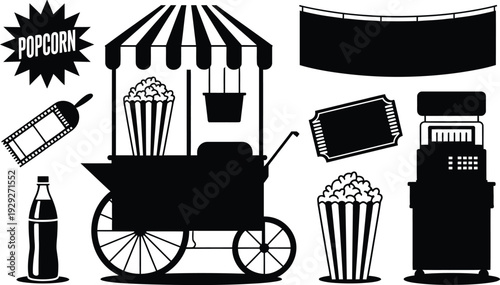 Vibrant Popcorn Cart Illustration with Refreshments and Cinema Elements