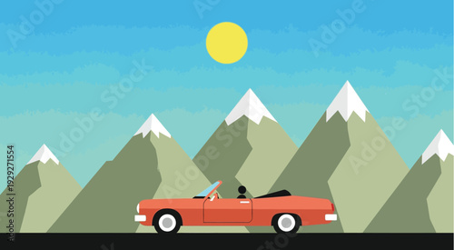 Red convertible car driving on road through snowy mountains under sun