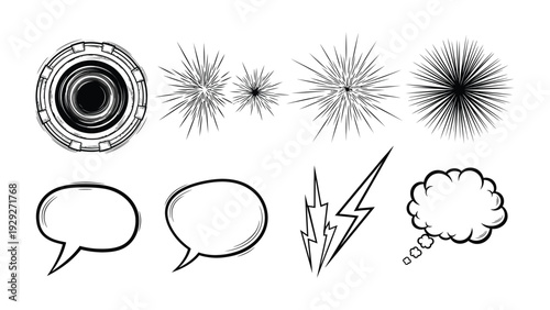 Comic Strip Elements Set: A dynamic set of comic strip elements, ready to add visual energy to any narrative, featuring speech bubbles, starbursts, and other expressive design elements.