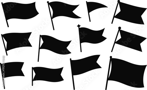 Set of twelve black triangular flags waving on white poles isolated on transparent background vector illustration