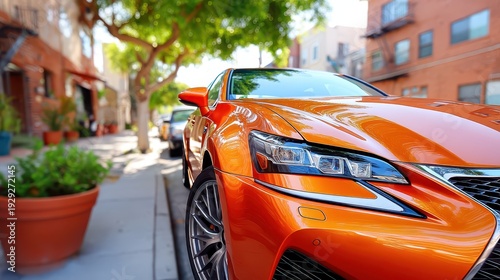 A bright orange car is parked on a city street in front of a house. The car is shiny and has a sleek design. The scene is peaceful and calm, with the car being the focal point of the image