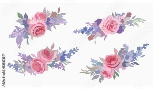 Romantic Watercolor Floral Arrangements in Pink Purple and Blue with Greenery Wedding Clipart Collection