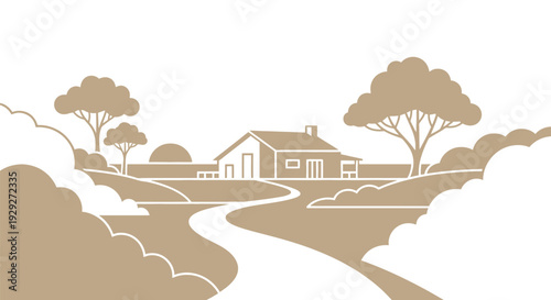 Illustration of House with Trees and Pathway.
