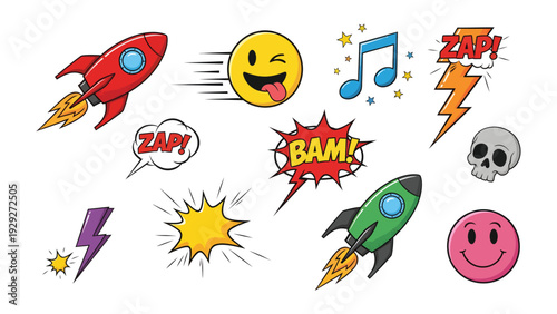 Comic Pop Art Collection: A vibrant compilation of comic book-style elements, with explosive bursts of color, whimsical emojis, and dynamic rocket ships.