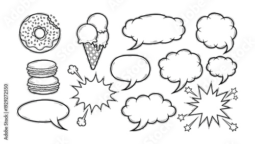 Sweet Talk Bubbles: A delicious assortment of dessert illustrations, intertwined with playful speech bubbles, inviting engaging content or sweet memories.