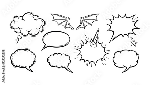 Comic Speech Bubbles Collection: An assorted set of whimsical speech bubbles in various shapes, perfect for adding flair and expression to comics and designs, ready to convey thoughts and messages.