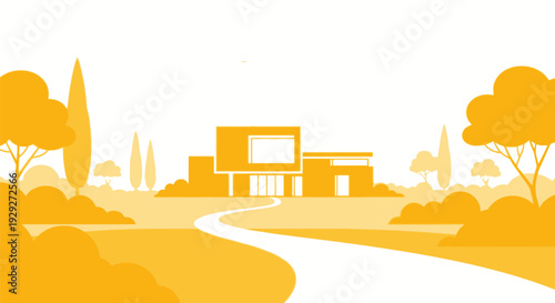 Modern Building with Road and Trees Illustration.