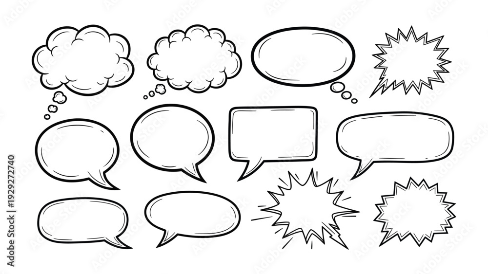 Fototapeta premium Dialogue Clouds Collection: A collection of various comic dialogue clouds, perfect for conveying thoughts, speech, and exclamations in a dynamic and expressive way.