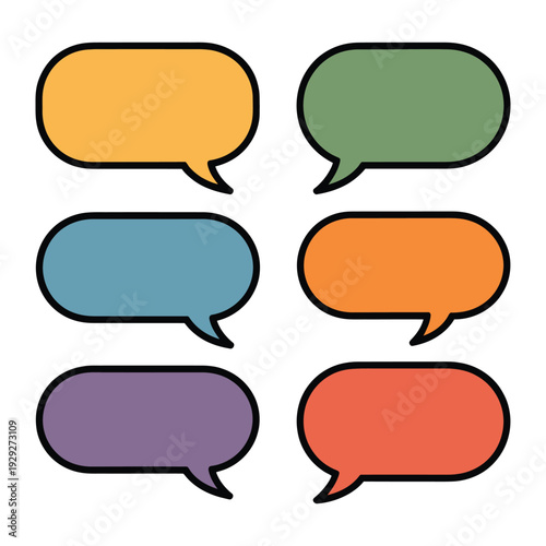 Colorful Speech Bubbles: A vibrant collection of six speech bubbles in various colors. Ready to convey messages, thoughts, and ideas, against the pristine backdrop, suggesting dialogue, communication.