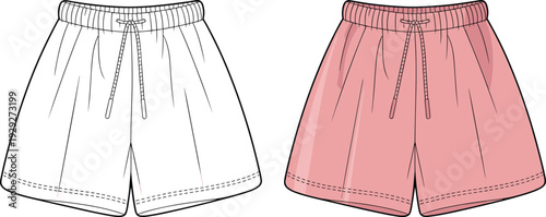 Casual drawstring shorts illustration set with elastic waistband in minimal line art style isolated on light background for summer fashion and sportswear design