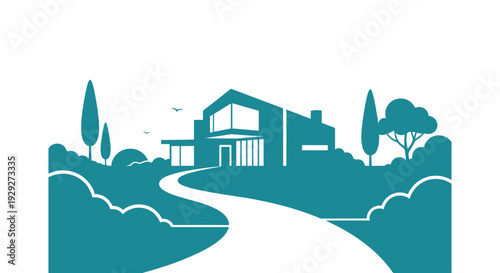 Modern House Illustration with Landscape Design.