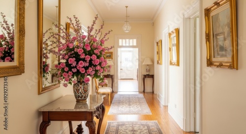 Elegant home hallway interior with antique wooden console table, large mirror, and tall vase of pink roses, luxurious decor