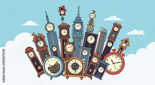 A whimsical illustration featuring various clocks against a blue sky
