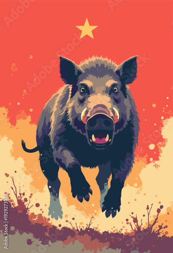 Wild Boar charging straight viewer, saliva flying, eyes burning manga intensity Extreme foreshortening perspective Impact lines Communist propaganda colors No text