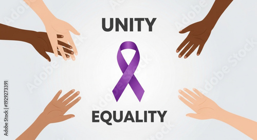 Diverse hands reaching for unity and equality with purple ribbon symbol