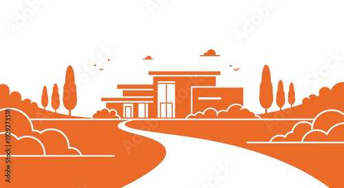 Modern House Illustration with Pathway and Trees.