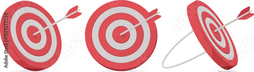 Target board with arrow hitting bullseye in different angles, red and white dartboard icon set isolated on light background for business goal concept