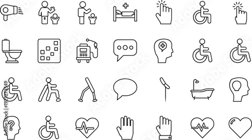 Healthcare and accessibility line icons set with disability support medical equipment hospital symbols outline vector collection isolated