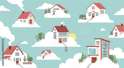 A whimsical illustration of several cartoon homes floating on clouds