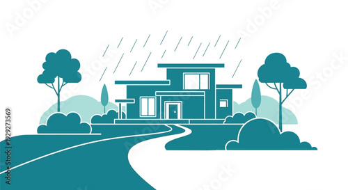 Modern House Illustration with Rainy Landscape.