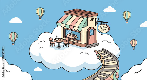A whimsical scene shows a cafe on a cloud, accessible by stairs