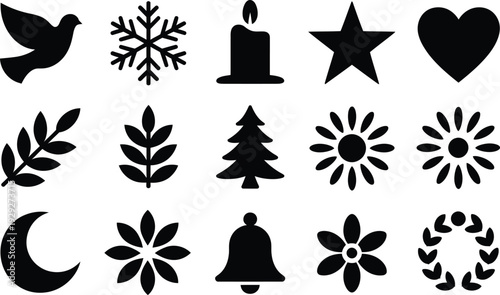 Black and white winter holiday icons set with dove snowflake candle star heart leaves tree flower moon bell wreath