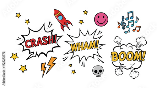 Comic Pop Art: Dynamic explosion of vibrant speech bubbles, whimsical elements, and bold typography bursting with action and expression, reminiscent of comic book artistry.