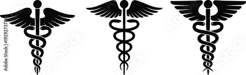Caduceus Medical Symbol Silhouettes with Wings and Serpents Black Vector Illustration Isolated on White Background Set