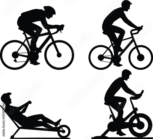 Cyclist Silhouettes Set with Road Bike, Mountain Bike and Recumbent Bicycle Black Vector Illustration Isolated on White Background