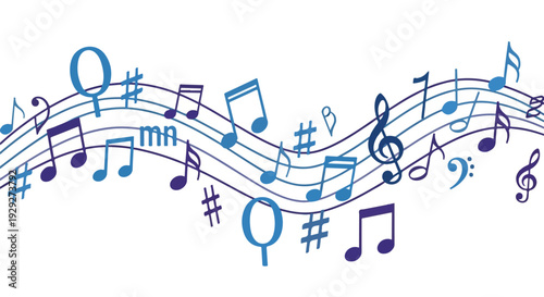 A white background with floating musical notes and lines in various shades