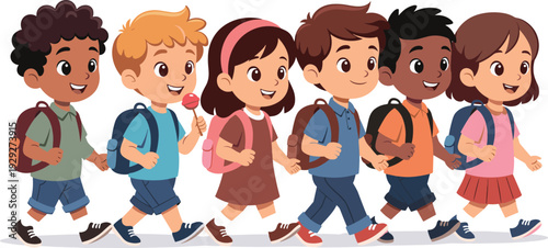 Group of happy school children walking together with backpacks in colorful cartoon style isolated on light background for education and back to school concept
