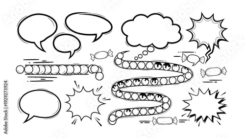 Speech Bubble Collection: A whimsical collection of hand-drawn speech bubbles, thought clouds, and candy elements, perfect for adding a playful touch to your designs.