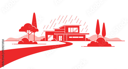 Modern House Illustration with Red Color Scheme.