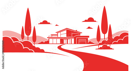 Modern House Illustration with Red Color Scheme.