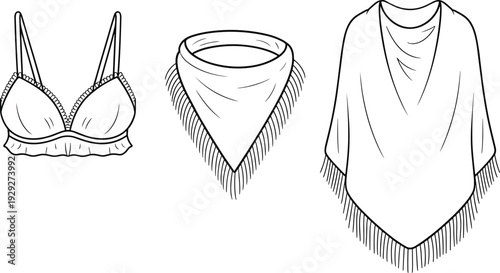 Women fashion illustration set with bralette, fringe scarf and poncho in minimal line art style isolated on light background for boutique apparel design