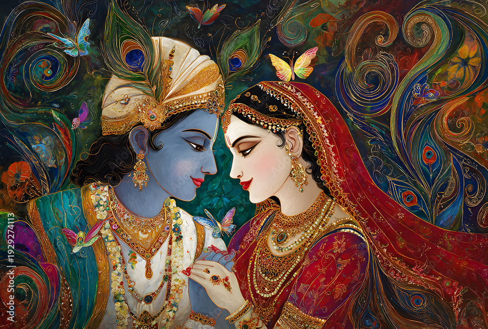 Fototapeta premium The spiritual portrait of Radha Krishna and her friends looking at each other with magical butterflies is a design for Krishna Janmashtami and Radhashtami Puja