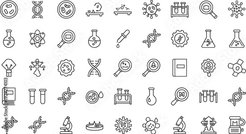 Medical and science line icons set with DNA microscope laboratory equipment virus research symbols isolated vector outline collection