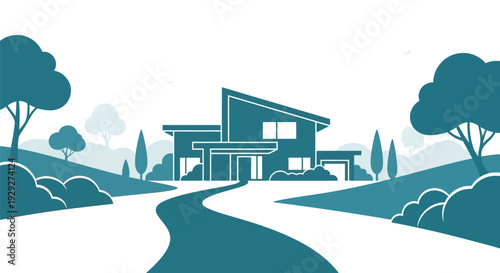 Modern House Illustration with Road and Trees.