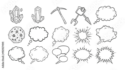 Mining and Thought Bubble Set: A collection of mining equipment, crystals, and thought bubbles. This set is ideal for depicting concepts of mining, geology, or conveying thoughts and ideas. 