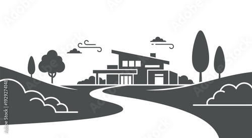 Modern House Illustration with Road and Trees.