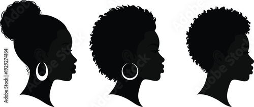 African Woman Silhouette Profile Set with Natural Afro Hairstyles Black Female Beauty Vector Illustration Collection