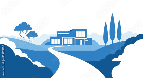 Modern House Illustration with Road and Trees.