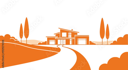 Modern House Illustration with Trees and Driveway.