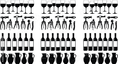 Large Vector Collection of Wine Bottle Silhouettes Glasses Corkscrews and Ceramic Pitchers for Restaurant Menu Design Catering Graphics Winery Logos and Beverage Industry Promotional Material