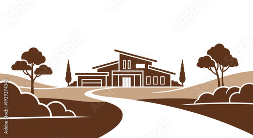 Modern House Illustration with Trees and Driveway.