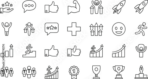 Success, achievement, motivation, teamwork, growth, leadership, trophy, podium, rocket, progress, business development, personal growth, success icons collection
